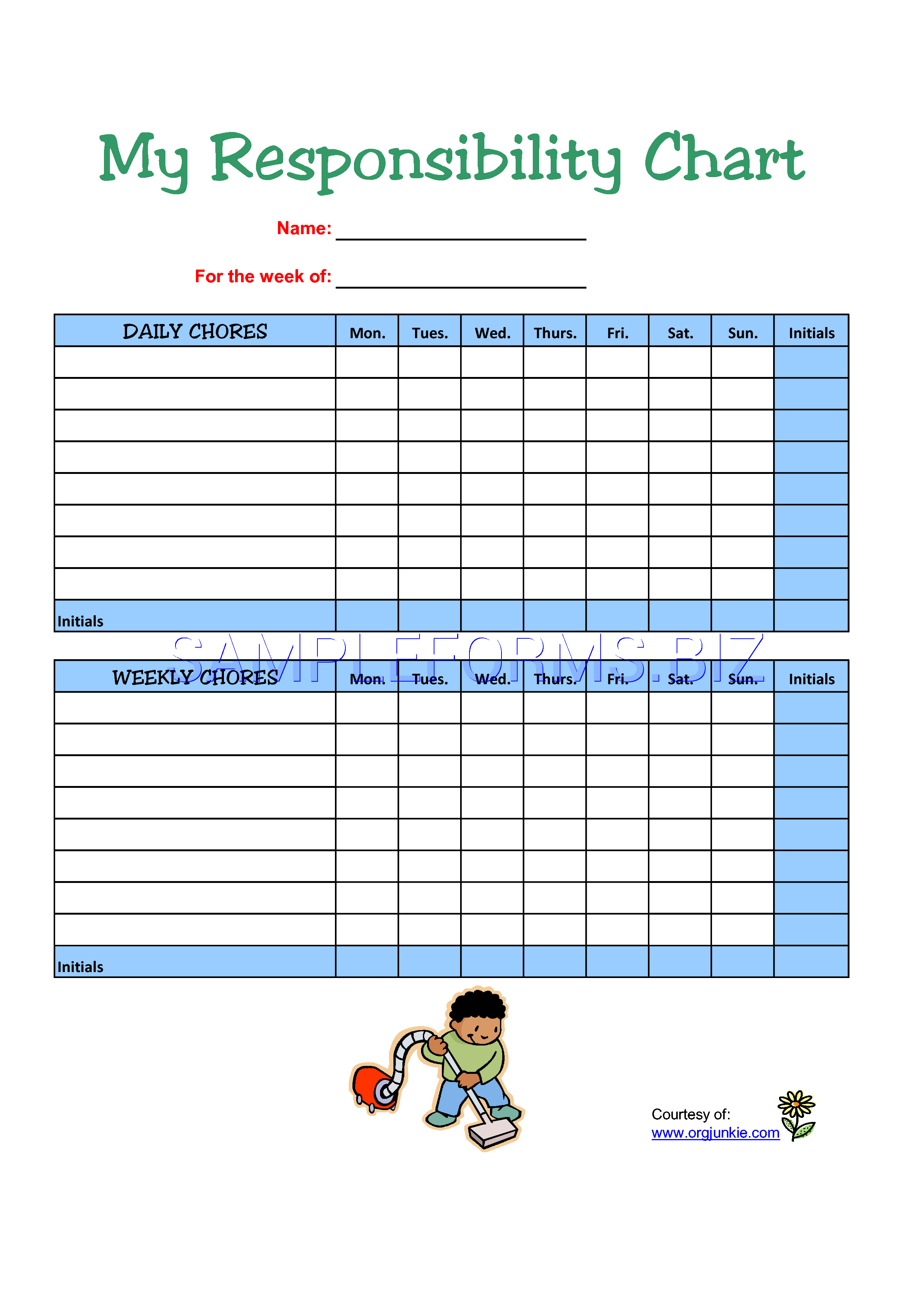 Preview free downloadable Responsibility Chart for Boy in PDF (page 1)